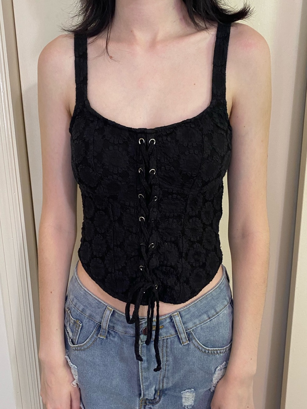 No Boundaries Black Floral Lace Lace-Up Camisole size small tank alt